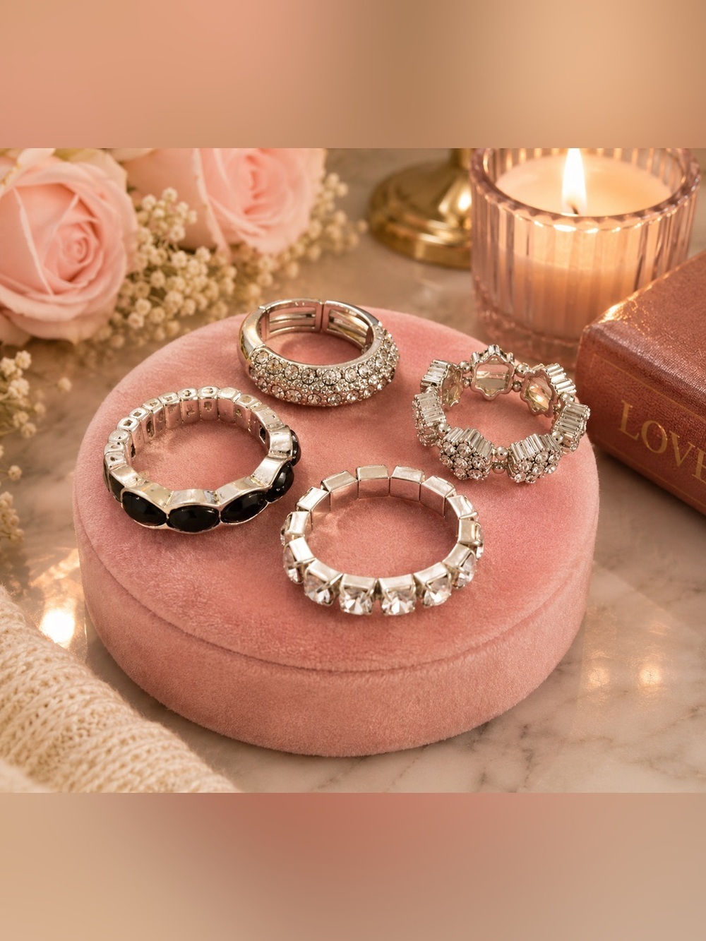 Silver Tone Adjustable Fashion Ring Bundle | Rhinestone Statement Rings Set of 4